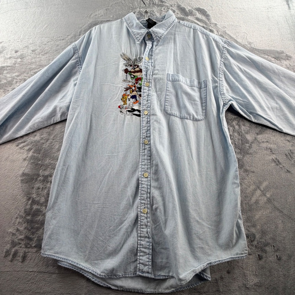 Warner Bros Looney Tunes Denim Shirt Mens L Light Blue Embroidered 90s - Picture 2 of 8